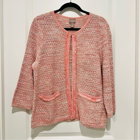 Chico’s Women’s Fringe Trim Pocket Cardigan in Pretty Pink Sz 2 (US L/12-14) NWT - Picture 2 of 14